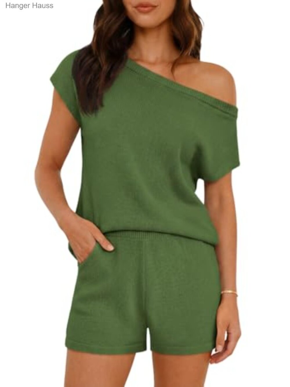 Women's Off Shoulder 2 Piece Lounge Set Sweater Top & Shorts Knit Lounge Sets